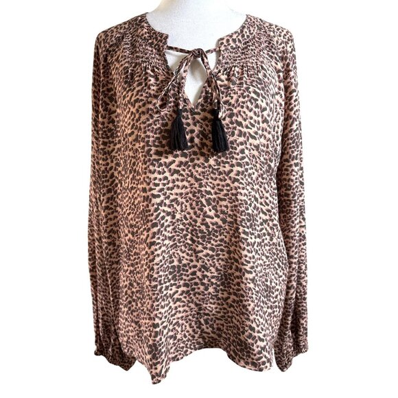 Kachel X Anthropologie Blouse Size 8 Animal Print Keyhole Tassel Smocked Long Sl - Picture 1 of 11